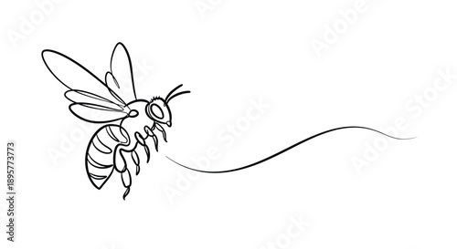 Elegant single line drawing of a bee in flight leaving a delicate swirling trail on a clean white background