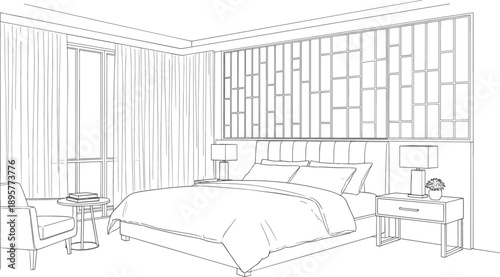 Detailed line art perspective of a modern bedroom interior featuring a king size bed bedside tables and armchair
