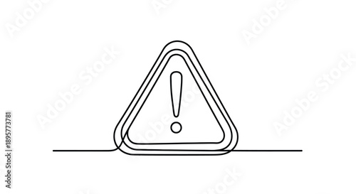 Minimalist single line drawing of a warning sign with an exclamation mark inside a triangle on a white background