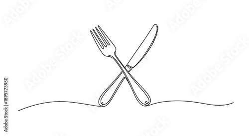 Simple line drawing of a fork and knife crossed together on a white background representing dining and eating