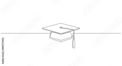 Simple hand drawn line art illustration of a graduation cap with a tassel on a white background representing academic achievement and education