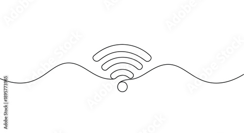 Minimalist continuous line drawing of a wi fi signal emanating from a central point and spreading outwards across a wavy line representing waves or data transmission