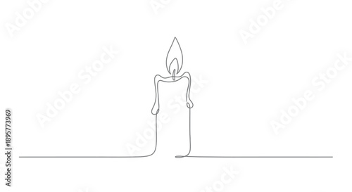 Minimalist outline drawing of a single lit candle with a flame and smoke rising against a stark white background