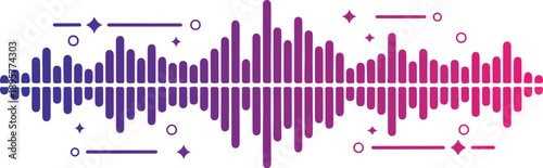 Colorful gradient podcast sound wave visualization with blue, purple and pink frequency bars. Dynamic audio waveform patterns for music streaming apps, recording software and media player interfaces..