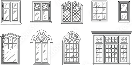 Detailed line art set of architectural window frames featuring modern gothic arched and decorative glass pane designs vector