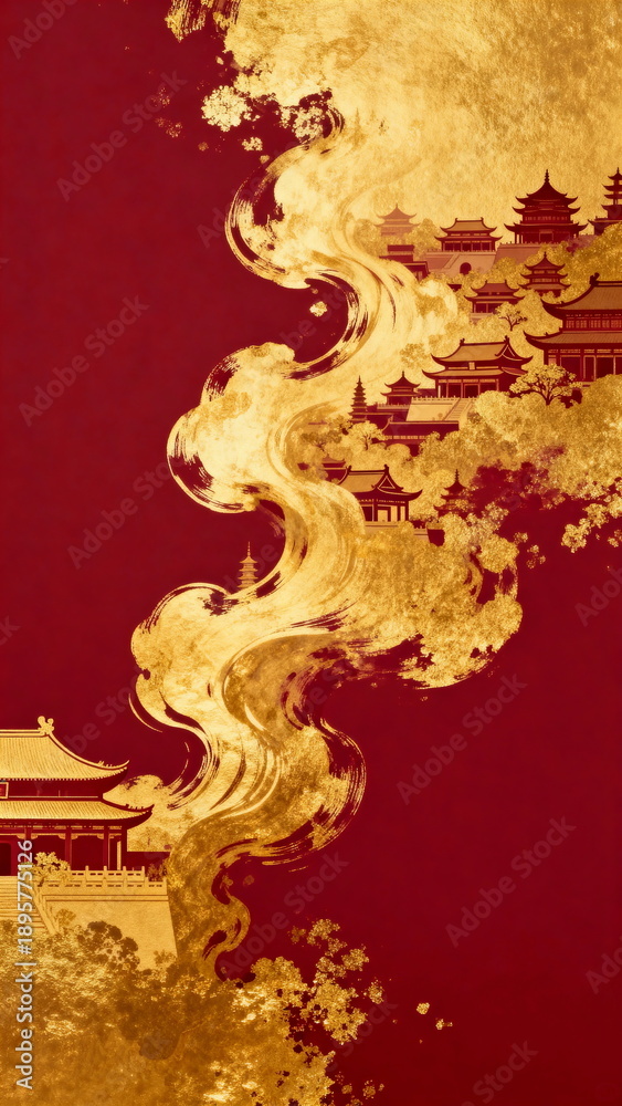 Obraz premium Ancient buildings in the style of gold foil rock painting