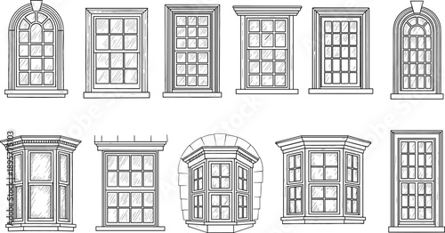 Comprehensive line art set of architectural window designs featuring classic arched bay and modern multi-pane frame styles