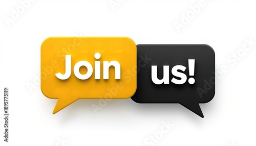 A colorful graphic with speech bubbles inviting people to join a community or event