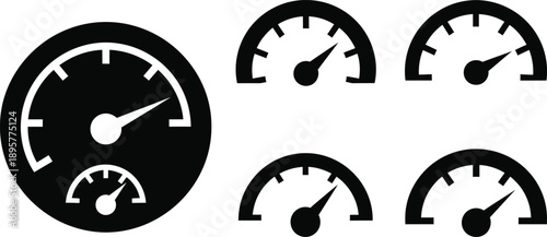 Four black and white car dashboard gauge icons on a white background