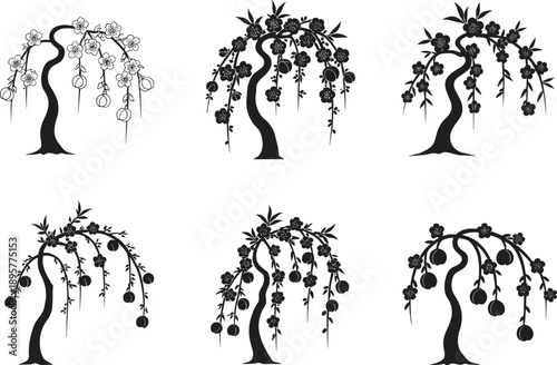Stylized fruit tree illustrations, black and white botanical art, drooping branches with fruits, decorative orchard design, symmetrical tree patterns, nature-inspired graphic foliage elements