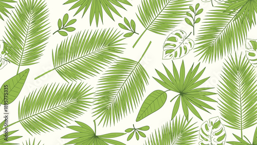 Seamless pattern of various green tropical leaves and palm fronds in hand drawn sketch style over cream background.