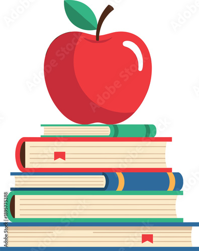 Red apple on stack of colorful books for education school learning teacher appreciation and academic success concept vector.