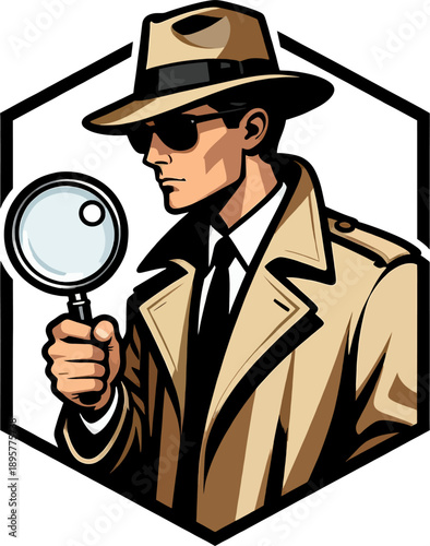 Vibrant Hexagon Spy Detective Logo, Fedora Investigator with Magnifying Glass Portrait Vector