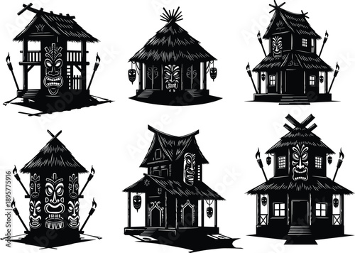Tribal tiki hut illustration, Polynesian house design, black and white artwork, carved mask architecture, torch detail structure, cultural tribal dwelling, traditional island building