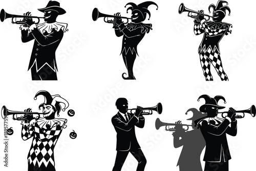 Trumpet player illustration, jester musician art, jazz silhouette, black and white costume, theatrical trumpet pose, artistic music concept, performance character design, musical expression