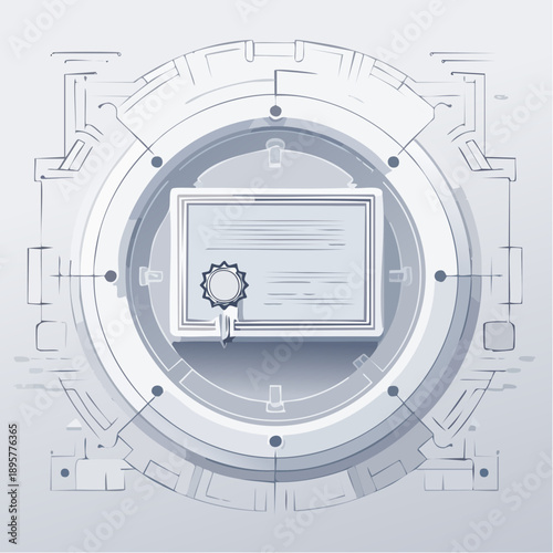 Official Certificate with Seal Inside a Modern Gear and Circuitry Design Symbolizing Digital Security and Achievement on a Bright Background.