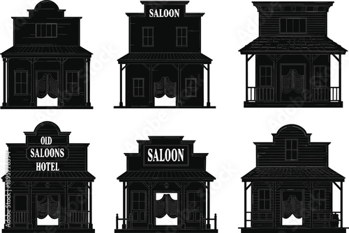 Western saloon illustration, old town buildings, vintage architecture, cowboy era, black silhouette art, swinging doors, rustic facade, wild west theme, frontier hotel, historical design