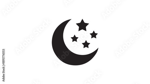 Crescent Moon with Stars Silhouette Simple Black Iconic Symbol on White Background for Astrology