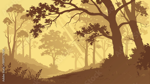 Stylized sepia tone illustration depicting sun rays piercing through a dense forest canopy at dawn