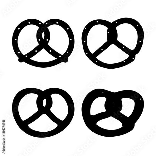 Collection of four unique black pretzel silhouettes with varying classic twisted shapes