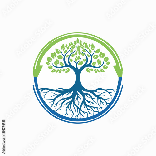 Abstract tree with green leaves and blue roots inside a circular frame, symbolizing life, nature, and environmental sustainability on isolated white background.