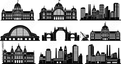 Collection of black city building silhouettes featuring classical architecture modern skylines industrial factories and urban zoo entrance gates