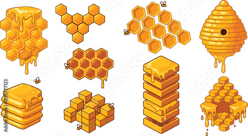 Detailed collection of golden honeycomb illustrations and dripping honey beehive icons for organic food and natural product branding