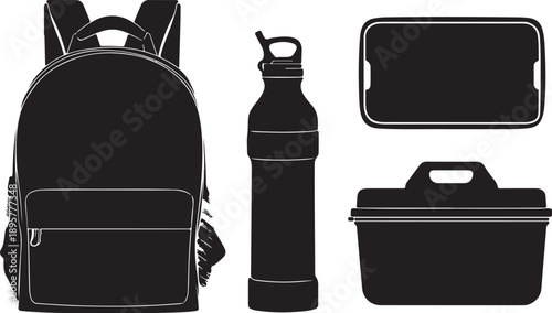 Black silhouette of backpack, water bottle and lunch box vector illustration

