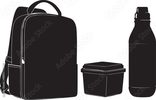 Silhouette vector set of backpack, water bottle, and lunch box  illustration