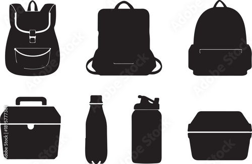 Black silhouette of backpack, water bottle and lunch box  vector illustration