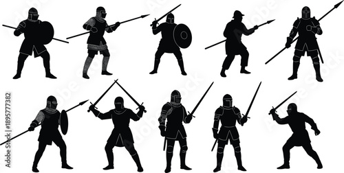 Ten medieval warrior silhouettes in combat poses, black illustration, armor and weapon design, historical battle concept, knight art