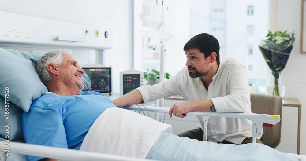 Obraz premium Elderly father, son and communication in hospital for visit, emotional support and check up for healing. Care, comfort and senior patient with man for health recovery, chat or smile in medical center