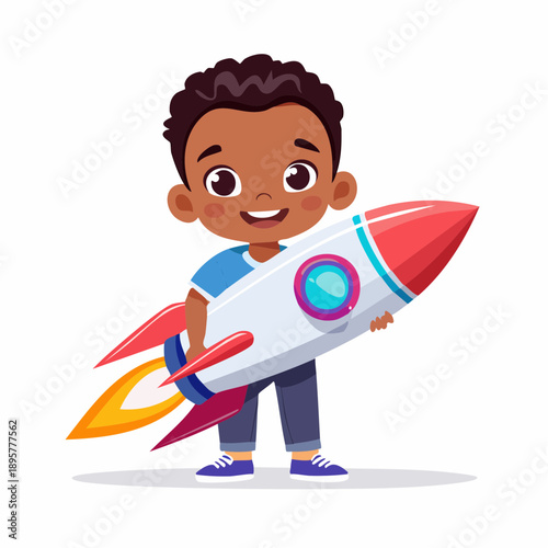 Happy Young Boy Joyfully Holding a Toy Rocket, Symbolizing Dreams of Space Exploration and Future Ambitions, isolated white background.