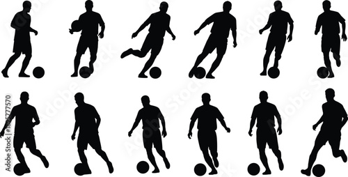 Twelve soccer player silhouettes in action, black illustration, sports movement, football poses, dynamic design, athletic concept art