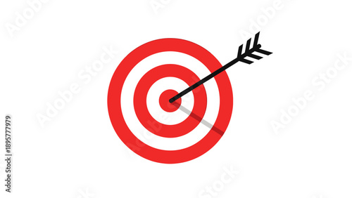 A black arrow hitting the center of a red and white target from a straight-on viewpoint illustration