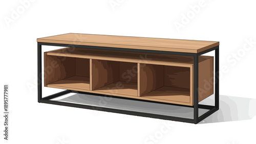Modern wooden shelving unit with black metal frame and open compartments on a white background from a front viewpoint