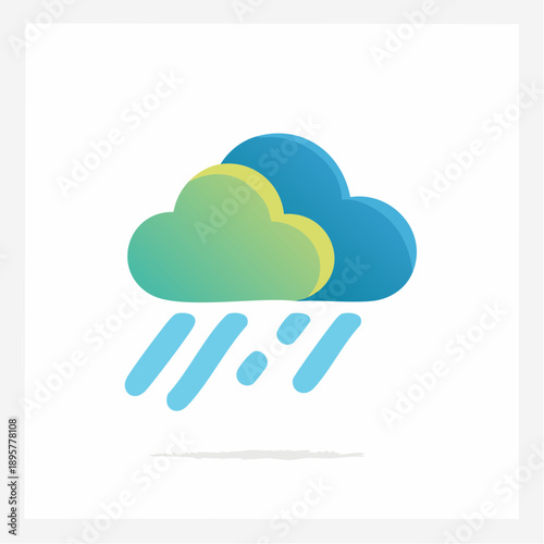 Cute Blue and Green Rain Cloud with Falling Raindrops, Weather Forecast Icon on Isolated White Background