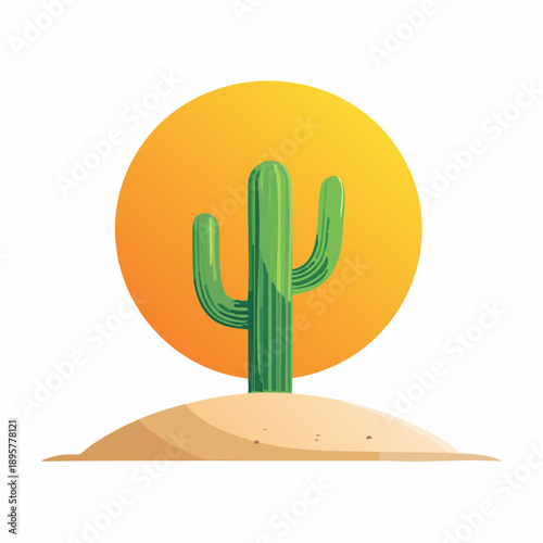 Green cactus in desert sand under a vibrant orange sun, cartoon style illustration, isolated white background.
