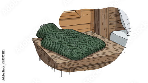 An illustration of a green sweater on a wooden table in a cozy wooden room with a white staircase