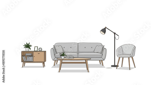 Modern living room interior with sofa, lamp, and furniture illustration