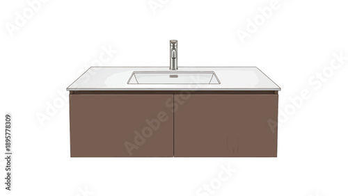 Modern kitchen sink installation with faucet on a brown cabinet viewed from the front