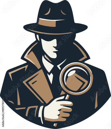 Noir Detective Silhouette Logo with Magnifier, Vintage Spy Investigator Round Badge Vector Art