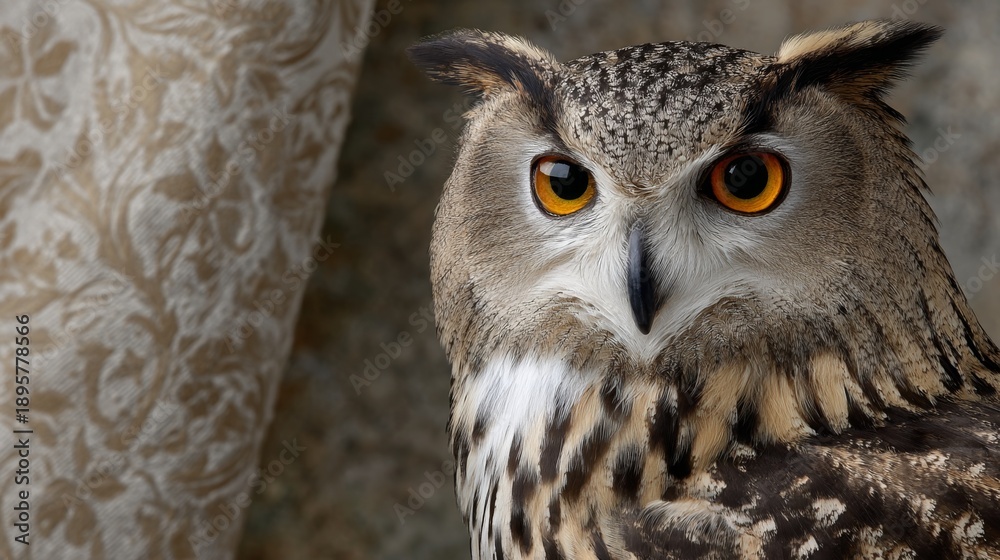 Fototapeta premium Majestic Great Horned Owl Portrait with Striking Orange Eyes on Vintage Fabric Background.