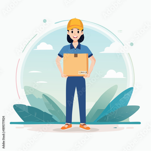 Female delivery person holding a package.