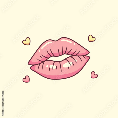 Pink Lips Illustration with Hearts Surrounding.