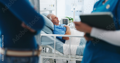 Medical, recovery and senior man in hospital bed for post operation healing or treatment. Healthcare, sick and sleeping with old person in ward of clinic for medicare or rehabilitation as patient