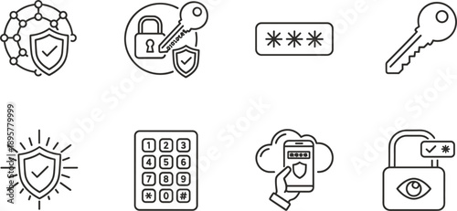 Cybersecurity access protection icon set with password key shield lock flat vector illustration for digital privacy system design