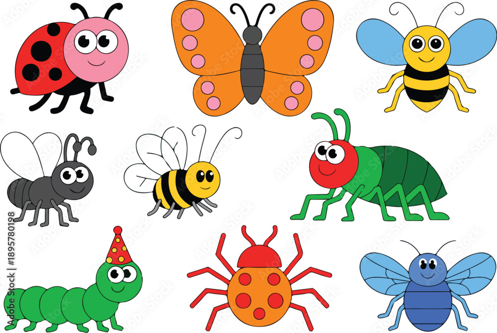 Naklejka premium Cute Bug Character Outline Icon Set Ladybug, Butterfly, Bee, Ant, Grasshopper, Spider, Fly, and Party Caterpillar