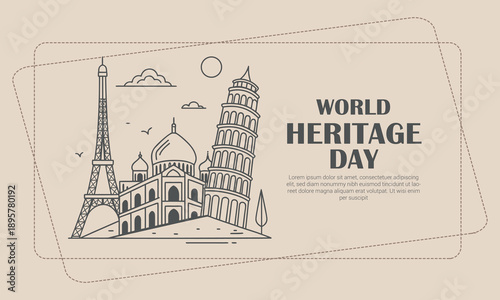 Celebrating world heritage day with iconic global landmarks in a minimalist line art style
