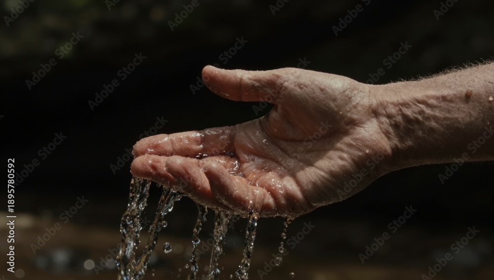 Fototapeta premium Close up of a person's hand cupped catching dripping water in natural light